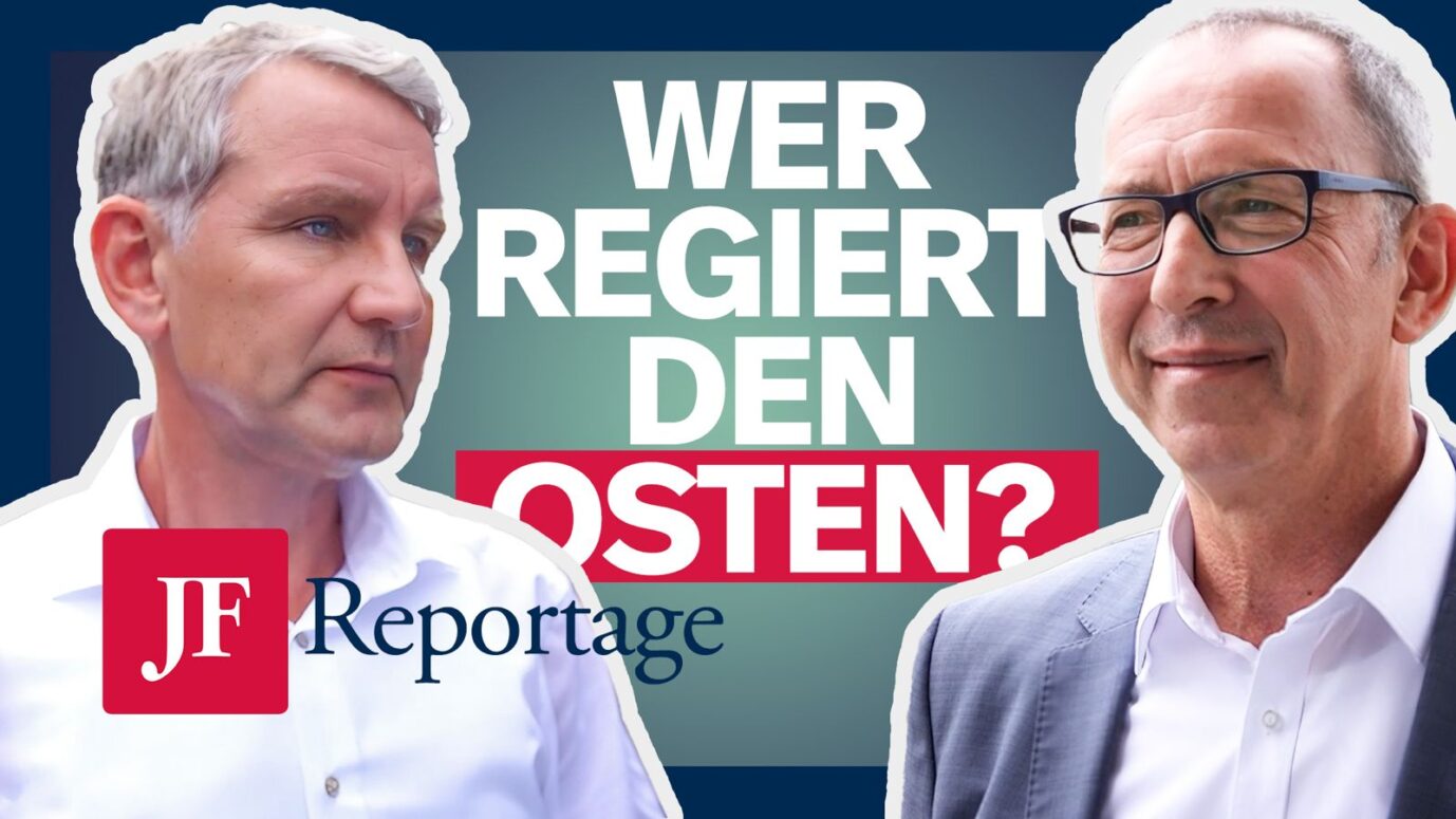 Björn Höcke von der AfD steht links und rechts daneben Jörg Urban. Beide sind Spitzenkandidaten für die Partei zu den Landtagswahlen in thüringen und Sachsen. Fällt die Brandmauer im Osten?