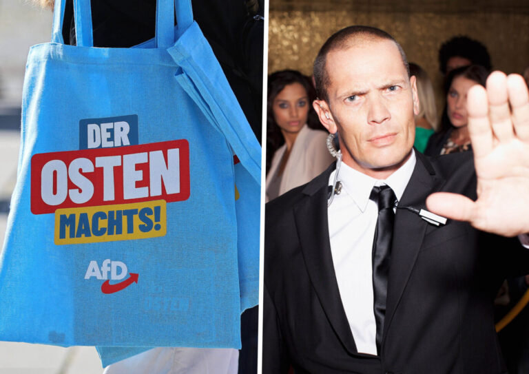 In der Collage befinden sich zwei Bilder: Das linke zeigt eine Werbetüte der AfD Thüringen mit dem Slogan "Der Osten macht's", was den Anspruch der Partei auf Regierungsverantwortung in Sachsen und Thüringen verdeutlich. Rechts steht ein Türsteher, der seine ausgestreckte Hand nach vorne hinstellt und damit Ausschluß symbolisiert. (Themenbild/Symbolbild/Collage)