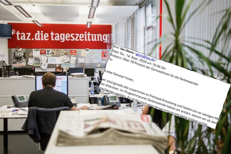 Keine gedruckte Ausgabe mehr: Die interne Mail der taz-Geschäftsführerin (Ausriß) zeigt, wie schwierig es um das linke Medium steht.