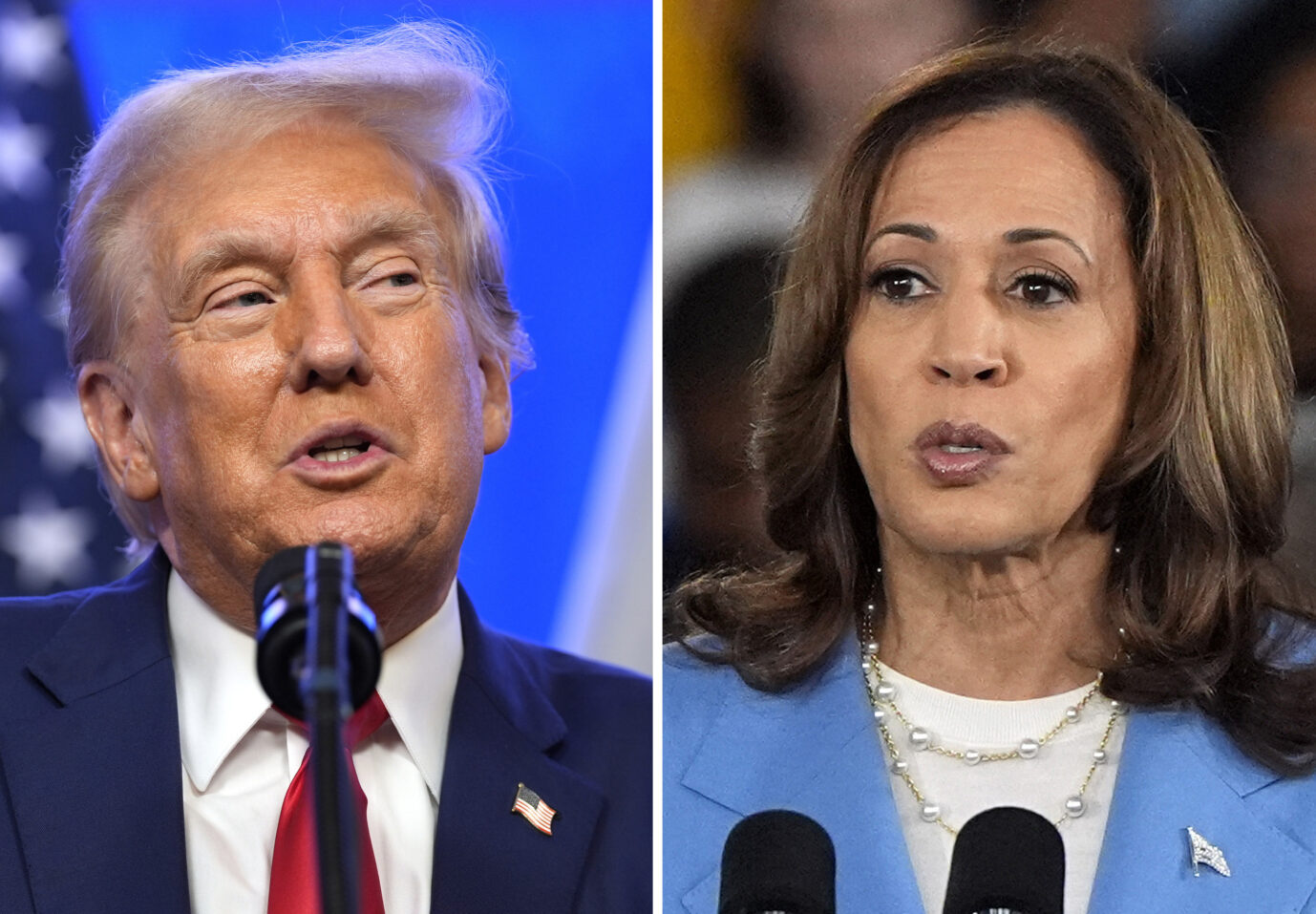 This combination photo shows Republican presidential nominee former President Donald Trump at an event, Aug. 15, 2024, in Bedminster, N.J., left, and Democratic presidential nominee Vice President Kamala Harris at a campaign event in Raleigh, N.C., Aug. 16, 2024. (AP Photo) Donald Trump (l.) und Kamala Harris: Wird der Demokratin heute die Luft abgeplassen? Foto: picture alliance / ASSOCIATED PRESS | Uncredited