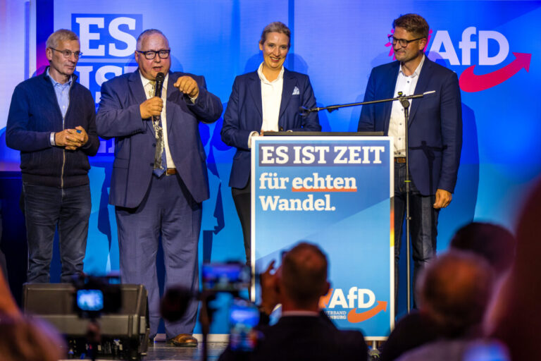 AfD-Kundgebung am Mittwoch in Forst (Lausitz): Fraktionschef und Spitzenkandidat Hans-Christoph Berndt, MdL Steffen Kubitzki, Bundessprecherin Alice Weidel und Landesvorsitzender René Springer (v.l.n.r.).