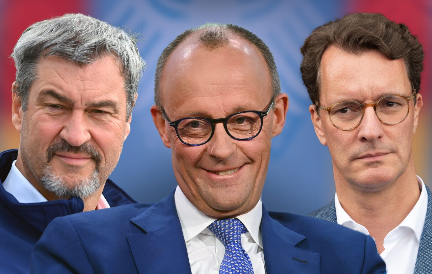 Die Kanzlerkandidatur ist entschieden: Markus Söder (links) muß Friedrich Merz nach Hendrik Wüsts (rechts) Trick den Vortritt lassen.