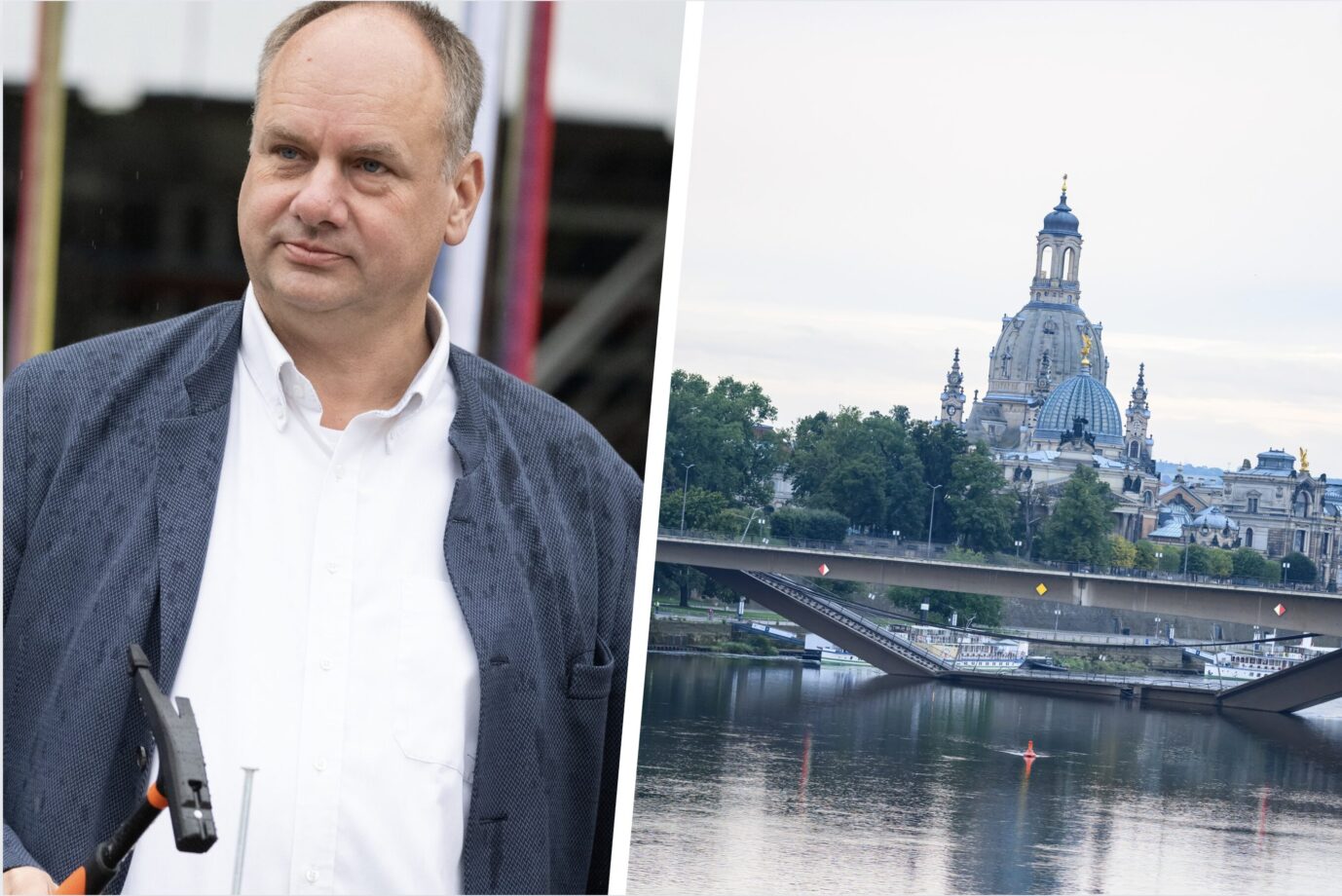 Dresdens Oberbürgermeister Dirk Hilbert (FDP) hält einen Hammer in der Hand und guckt etwas merkwürdig – in der Elbe liegen Trümmerteile der Carolabrücke, bei der es einen Einsturz gab