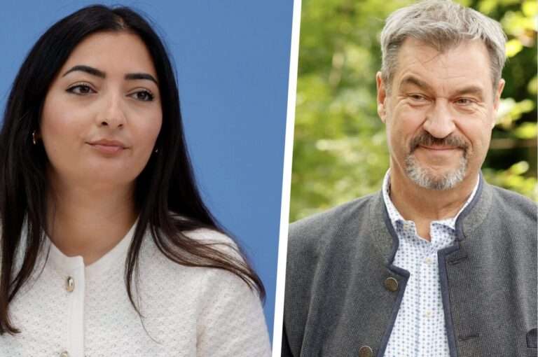 Die Migrationsbeauftragte der Bundesregierung, Reem Alabali-Radovan trägt einen weißen Pullover und schaut mißbilligend, der bayerische Ministerpräsident Markus Söder grinst fröhlich und kritisiert Deutschlands Migrationspolitik