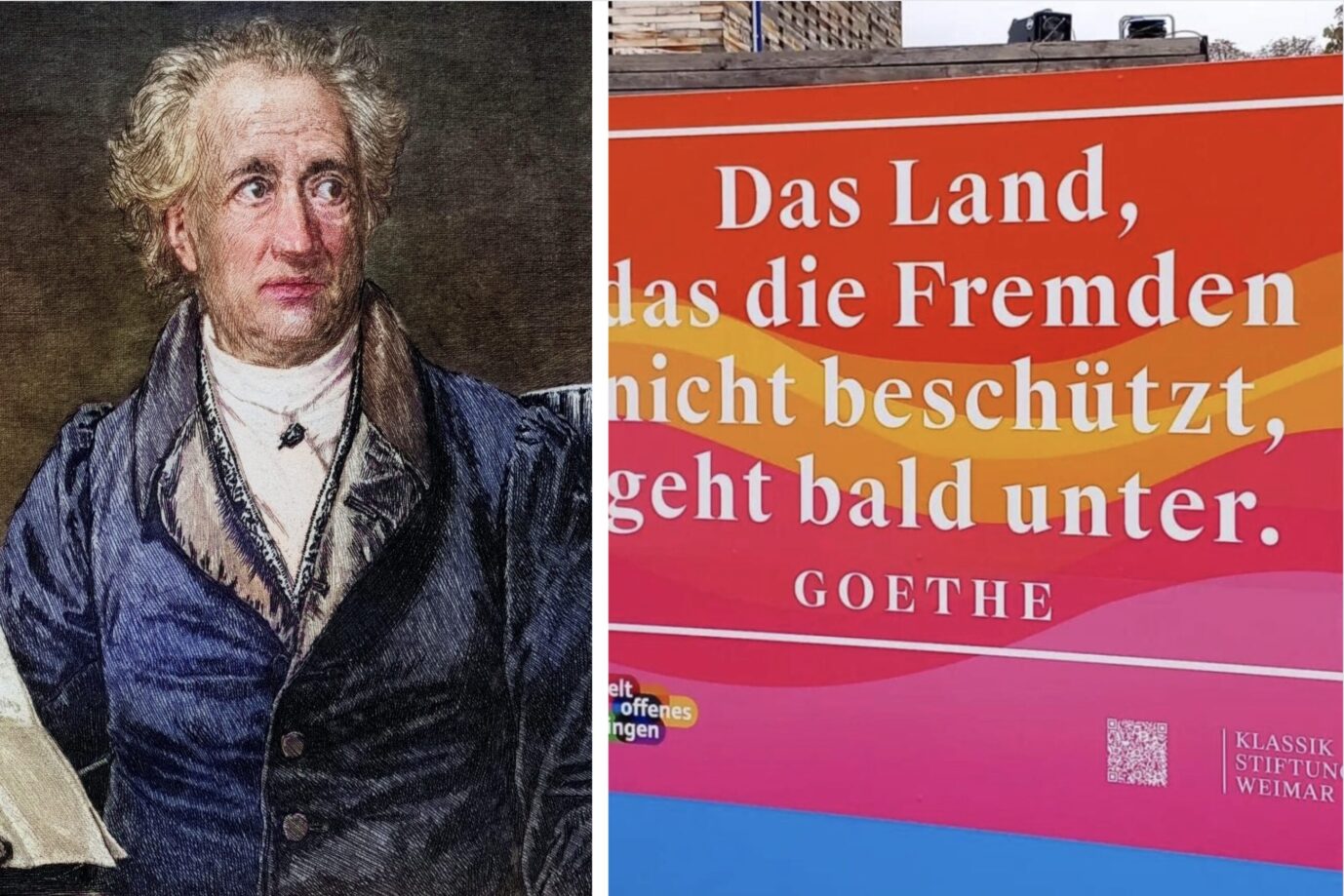 Der Schriftsteller Johann Wolfgang von Goethe schaut entsetzt auf das quietschbunte Plakat, auf dem „Weltoffenes Thüringen“ mit einem Spruch Politik machen will, den Goethe gar nicht gesagt hat