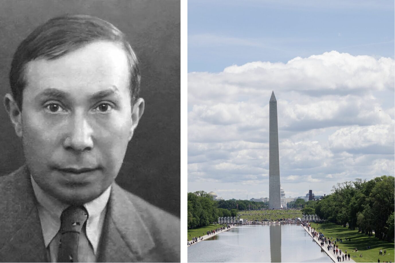 Der deutsch-jüdisch-amerikanische Philosoph und Neokonservative Leo Strauss schaut als junger Mann in die Kamera. Rechts neben ihm ragt der Obelisk der National Mall in Washington D.C. in die Höhe und spiegelt sich im Capitol Reflecting Pool