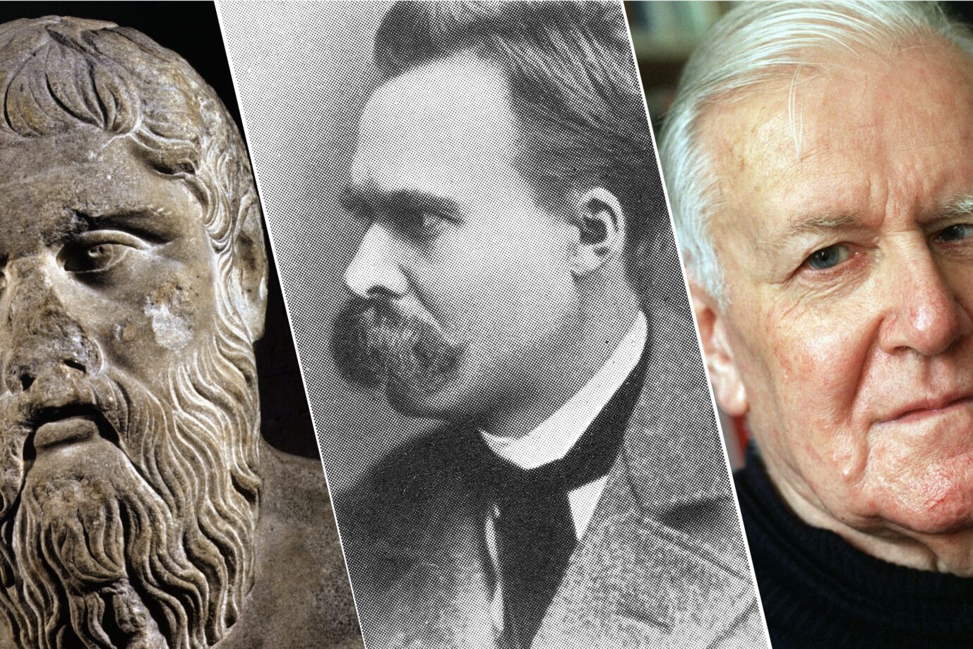 Die Ahnherren eines rechten Weltbildes: Porträts der Philosophen Platon, Friedrich Nietzsche und Armin Mohler nebeneinander. Alle drei auf ihre Art rechts