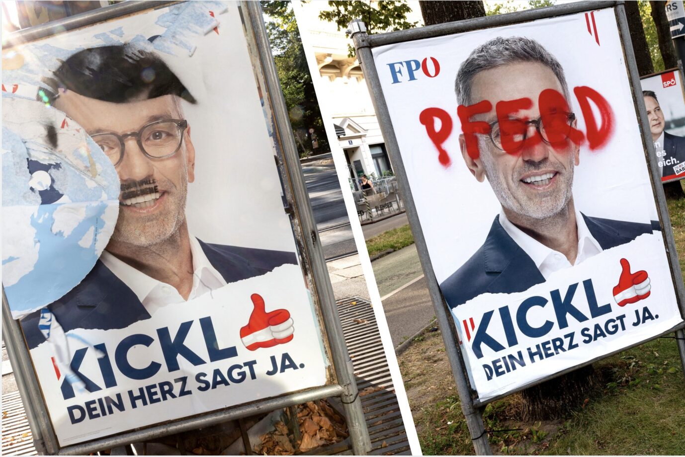 Auf FPÖ-Plakaten ist ihr Kanzlerkandidat Herbert Kickl abgebildet – mit angemalten Hitlerbild und Seitenscheitel, sowie dem Schriftzug "Pferd", der über sein Gesicht geschrieben ist