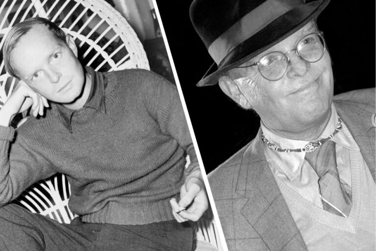 Schrifsteller Truman Capote, einmal als junger Mann, der im Jahre 1959 melancholisch in die Kamera schaut und einmal als alter, drogenabhängiger Herr im Jahre 1986, der, Hut und feine Kleidung tragend, and er kamera vorbei grinst