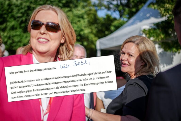 Bärbel Bas (l, SPD), Bundestagspräsidentin, und Nancy Faeser (SPD), Bundesministerin für Inneres und Heimat, nehmen am Hoffest der SPD-Bundestagsfraktion im Tipi am Kanzleramt teil. AfD-Politiker am häufigsten Opfer von gewalt