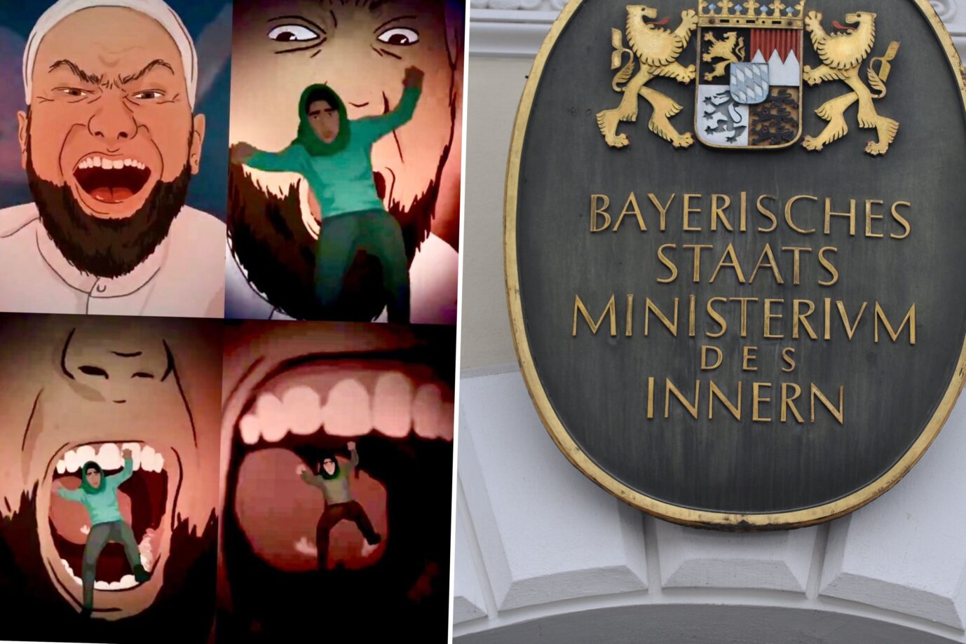 Das Bild zeigt einen Ausschnitt aus dem inzwischen gelöschten Salafismus-Video vom Bayerischen Innenministerium und das Logo der Behörde.