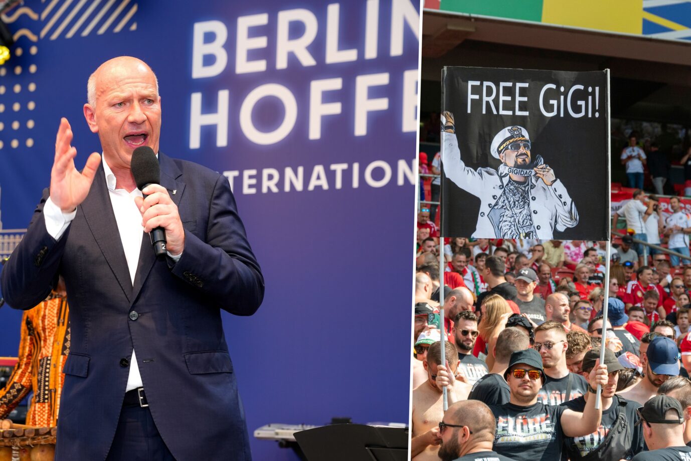 Das Bild zeigt den Regierenden Bürgermeister von Berlin, Kai Wegner von der CDU. Und ein „Free Gigi“-Banner der ungarischen Fans während der vergangenen Fußball-EM.