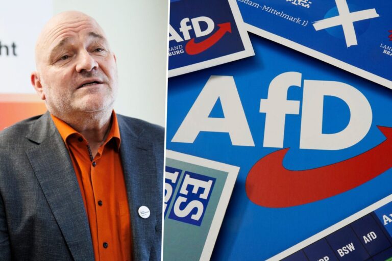 Das Bild zeigt den Landesvorsitzenden des BSW, Robert Crumbach, und Flyer der AfD.