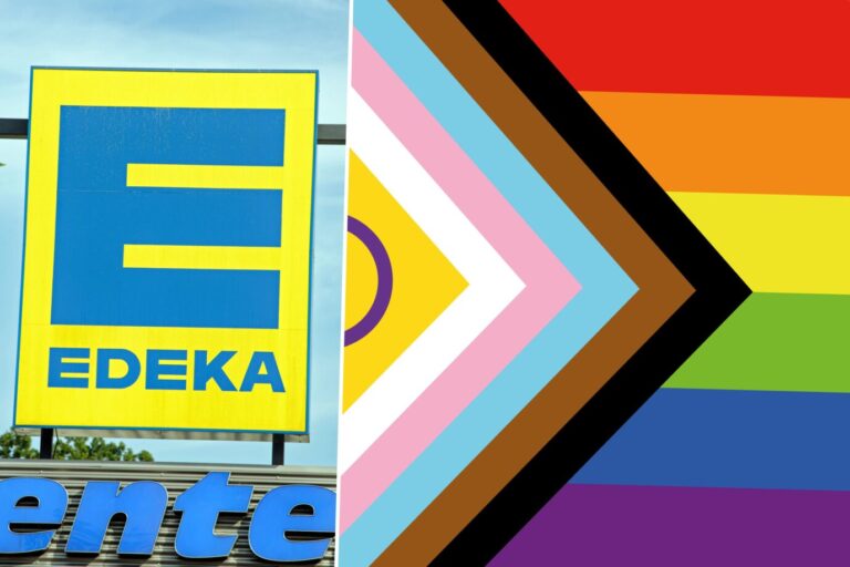 Das Bild zeigt ein Schild von Edeka und eine LGBTQ-Fahne.