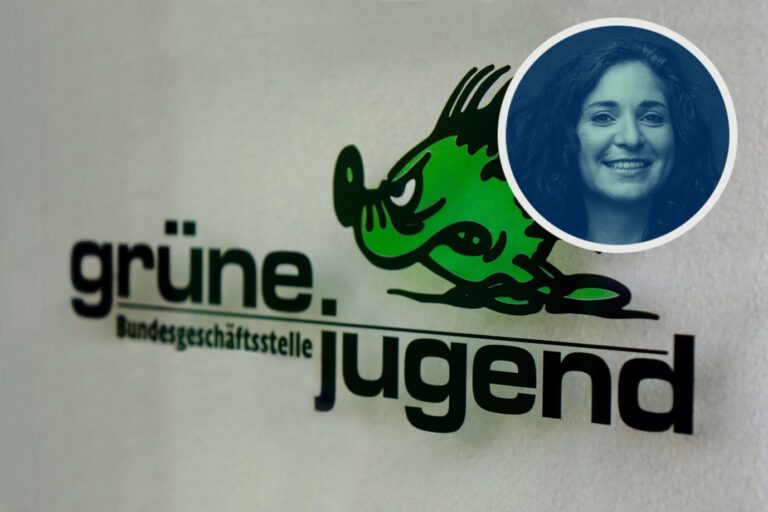 Das Bild zeigt das Logo der Grünen Jugend und die Autorin Laila Mirzo.