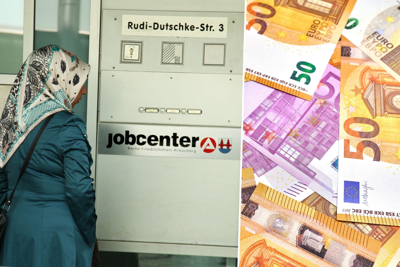 Das Bild zeigt eine Frau vorm Jobcenter und viel Bargeld. Der Bundesrechnungshof kritisiert die Sparpläne der Bundesregierung beim Thema Bürgergeld.