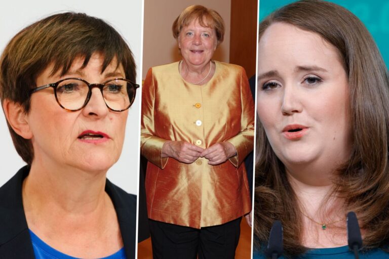 Das Bild zeigt Saskia Esken von der SPD, Altkanzlerin Angela Merkel und die Grünen-Chefin Ricarda Lang.