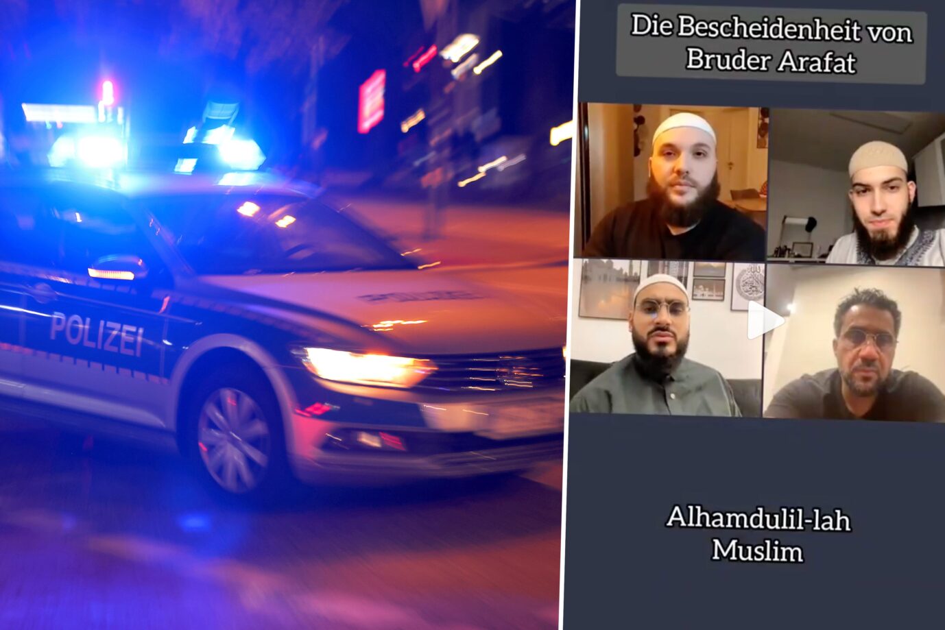 Das Bild ist eine Montage aus einem Polizeiwagen mit Blaulicht und einem Livestream des Islamisten Abdul Alim Hamza zusammen mit der Clangröße Arafat Abou-Chaker und weiteren Teilnehmern. Der Prediger sitzt jetzt in Abschiebehaft.