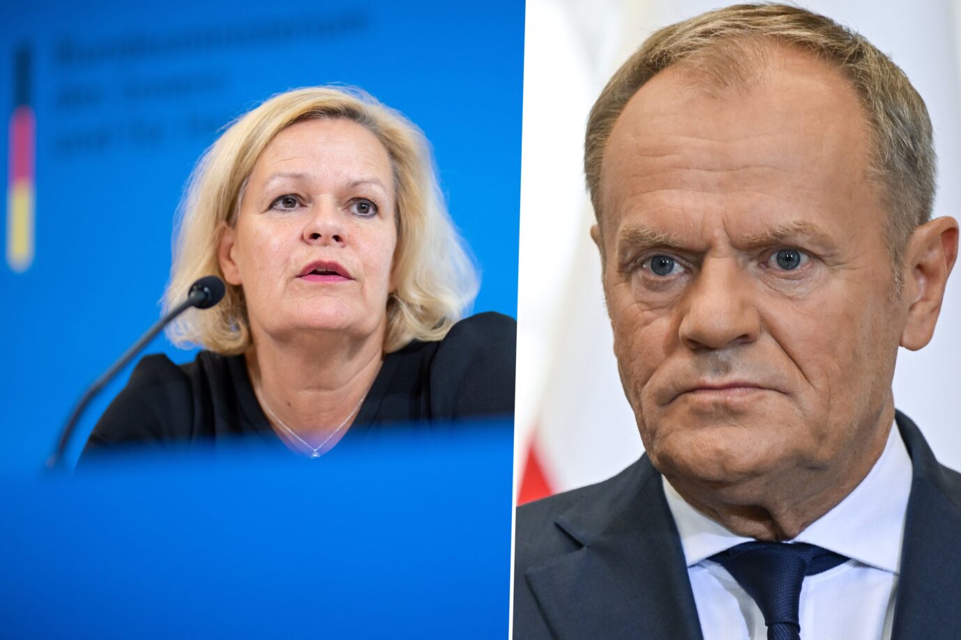 Das Bild zeigt Nancy Faeser und Donald Tusk. Polen kritisiert die Asyl-Pläne der Bundesregierung.