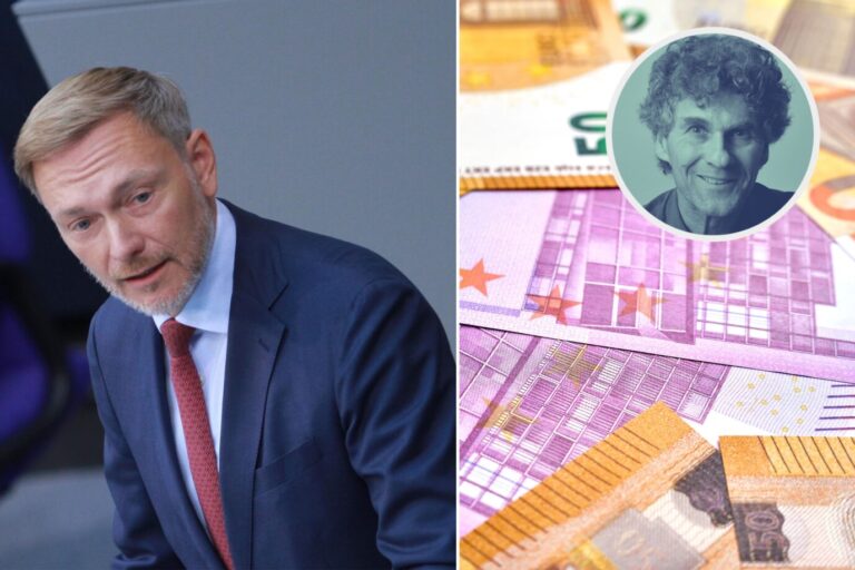 Das Bild zeigt Christian Lindner und viel Bargeld. Der Bundesrechnungshof kritisiert aktuell die Pläne der Regierung fürs Bürgergeld.