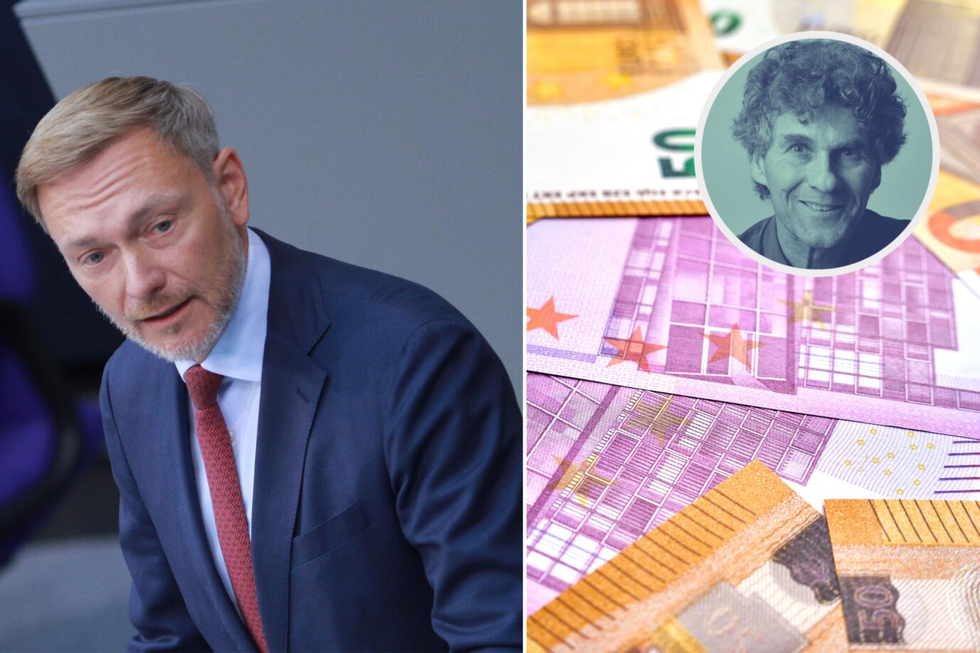 Das Bild zeigt Christian Lindner und viel Bargeld. Der Bundesrechnungshof kritisiert aktuell die Pläne der Regierung fürs Bürgergeld.