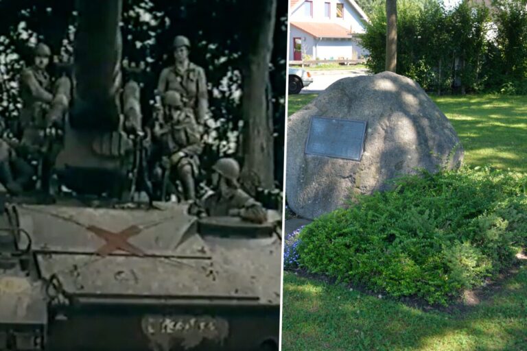 Das Bild zeigt Soldaten beim Manöver „Bold Guard“ und einen Gedenkstein für die Toten