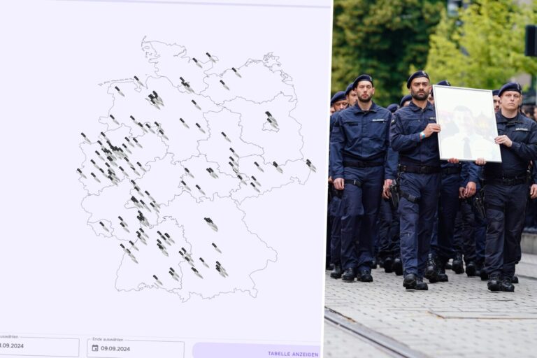 Das Bild zeigt die Messerinzidenz von Deutschland und eine Trauerfeier für den von einem Afghanen getöteten Polizisten Rouwen Laur.