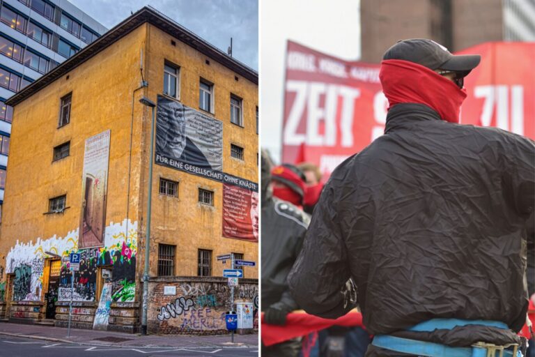 Das Bild zeigt ein Antifa-Haus in Frankfurt und einen Linksextremisten bei einer Demo.