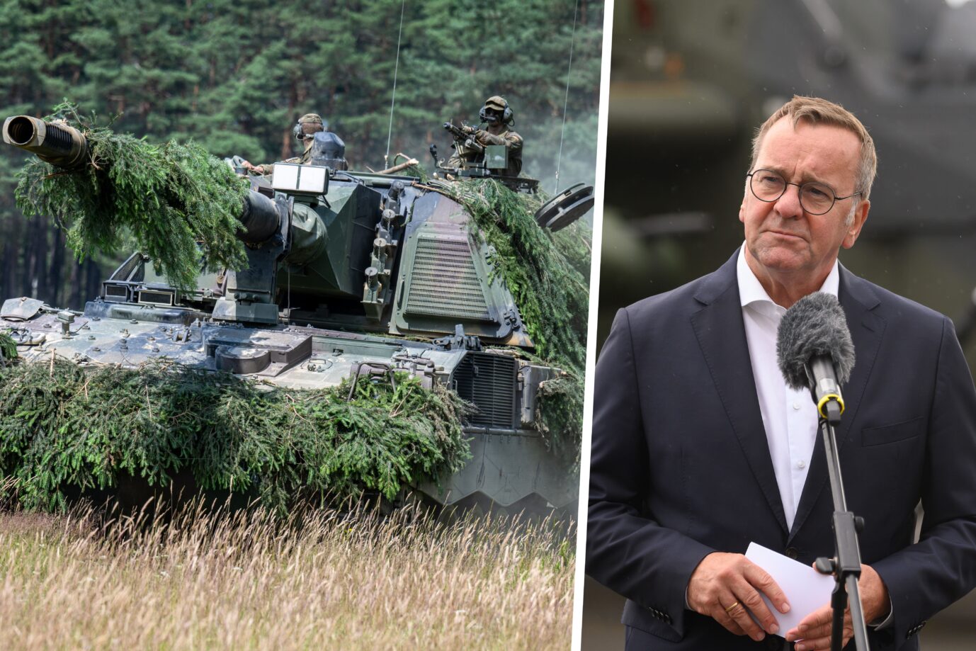 Gerät wie die Panzerhaubitze 2000 hätte Bundesverteidigungsminister Boris Pistorius (SPD) gerne viel mehr bei der Bundeswehr Montage: picture alliance/dpa | Swen Pförtner/ picture alliance/dpa | Armin Weigel