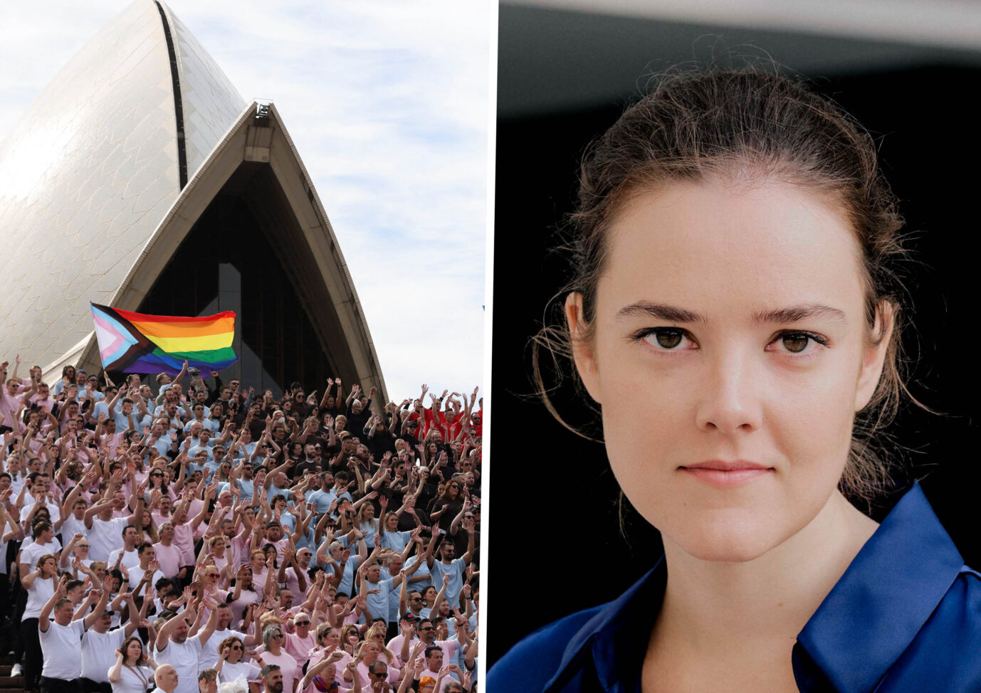 Eine menschliche LGBT-Fahne auf der Treppe des Opernhauses in Sydney (Australien): Laut Pauline Voss (r.) ist die Wokeness wegen der Mechanismen der modernen Massengesellschaft erfolgreich (Titelbild/Collage)