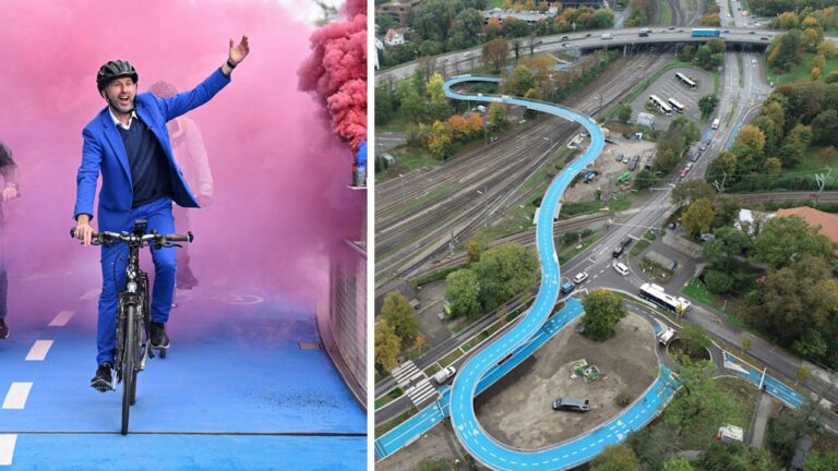 Als erster befährt Tübingens Oberbürgermeister Boris Palmer die neue Fahrradbrücke.