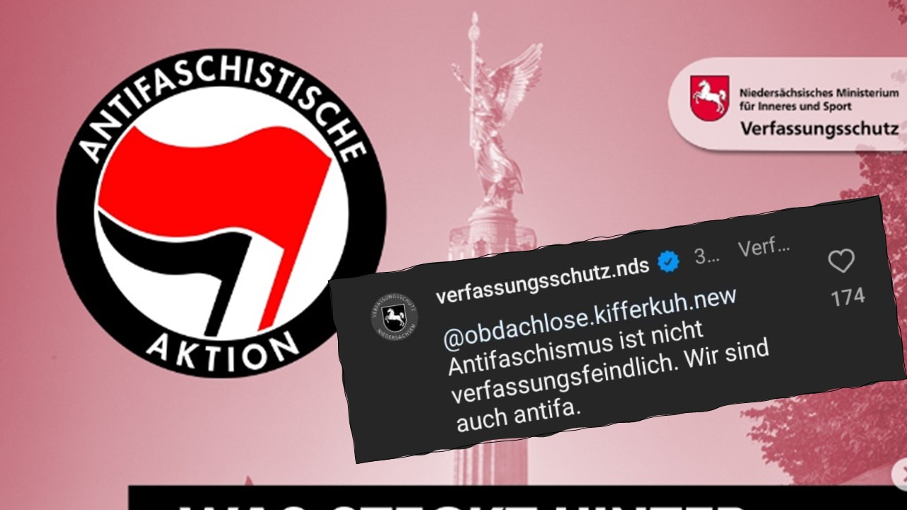 Die Titeloptik des Postes des niedersächsischen Verfassungsschutzes mit dem ergänzenden Kommentar.Der Verfassungsschutz Niedersachsen bekennt sich dazu, zur Antifa zu gehören. Auf Kritik reagiert die Behörde mit Ausreden. Die Antifa-Frage spaltet Niedersachsens Landespolitik.