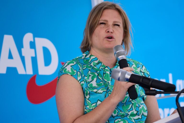 Die bayerische AfD-Fraktionsvorsitzende Katrin Ebner-Steiner bei einer Wahlkampfveranstaltung zur Europawahl im Mai. Foto: picture alliance/dpa | Tobias C. Köhler