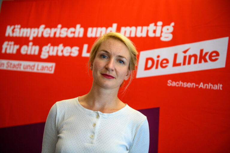 Die neue Linke-Parteichefin Ines Schwerdtner steht vor einem roten Hintergrund mit Parteilogo und schaut etwas betrübt in die Kamera