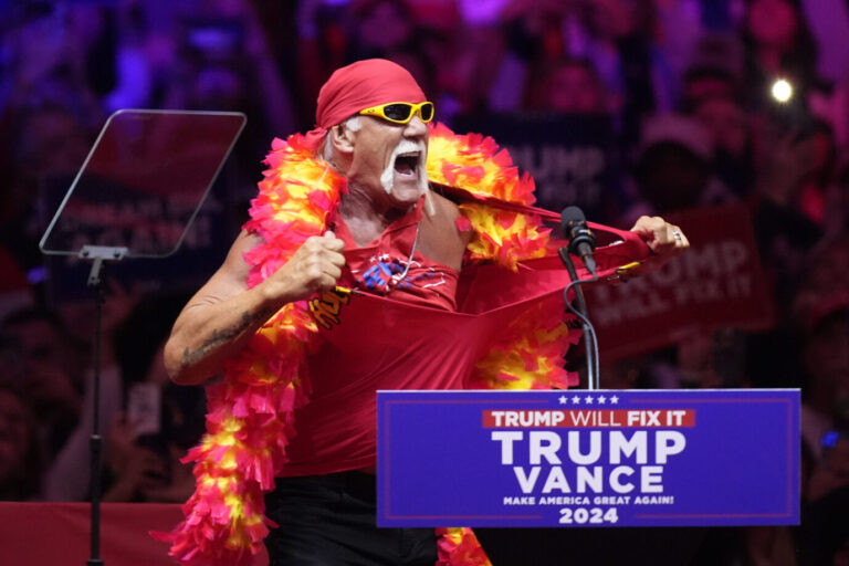 Hulk Hogan speaks before Republican presidential nominee former President Donald Trump at a campaign rally at Madison Square Garden, Sunday, Oct. 27, 2024, in New York. (AP Photo/Evan Vucci)