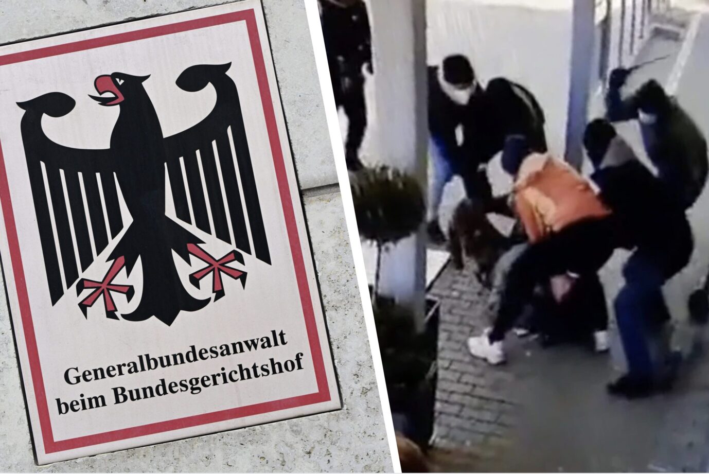 Der Bundesadler ist auf dem offiziellen Symbol des „Generalbundesanwalt beim Bundesgerichtshof“, rechts davon ist das pixelige Bild einer Überwachungskamera zu sehen, auf dem Linksextreme Hammerbande-Mitglieder mit Schlagstöcken auf einen wehrlosen Mann einprügeln