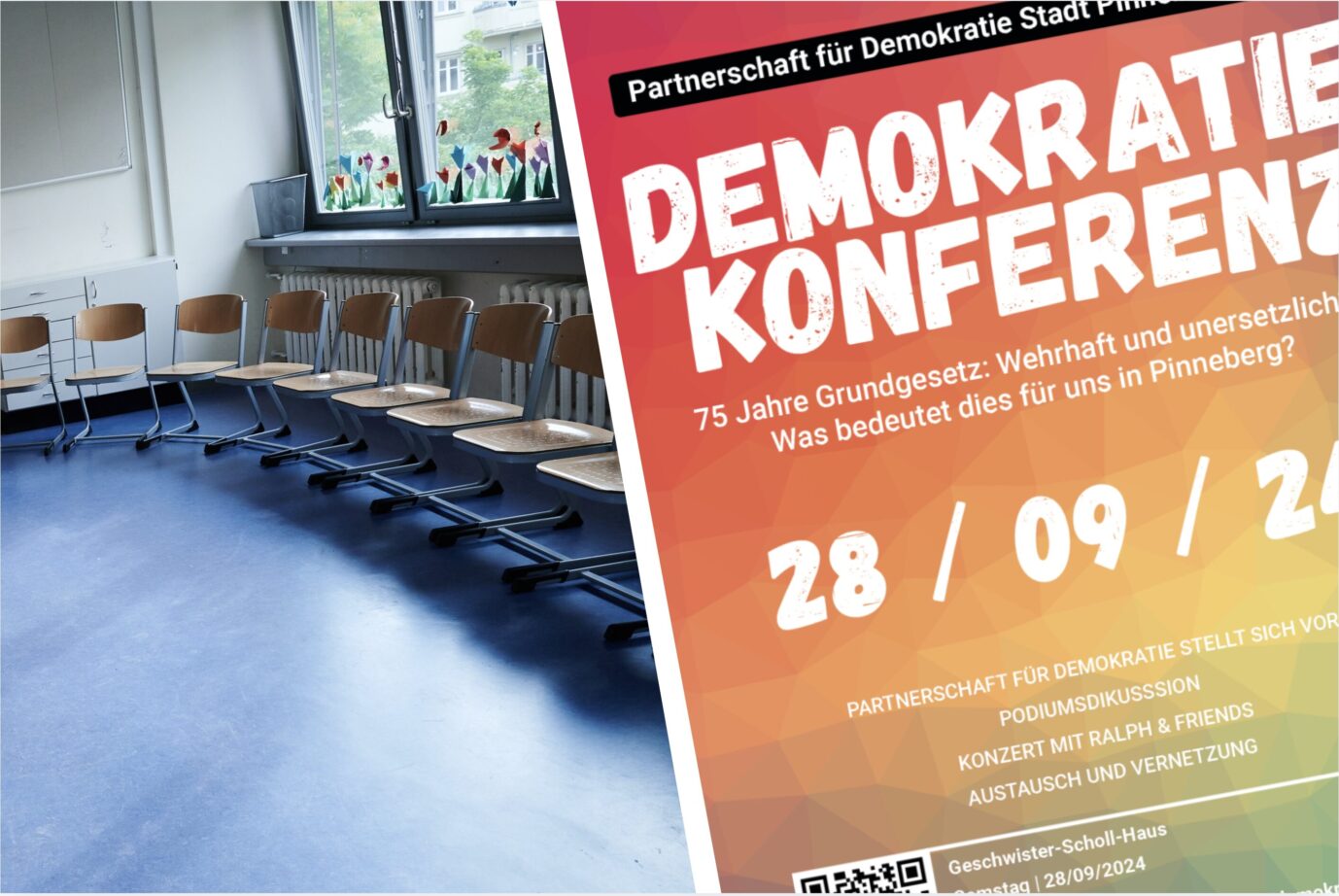 In einem leeren Klassenzimmer stehen Stühle zu einem Stuhlkreis aufgebaut, daneben ist der bunter Flyer einer Veranstaltung von "Pinneberg lebt" bzw. "Demokratie leben" zu sehen