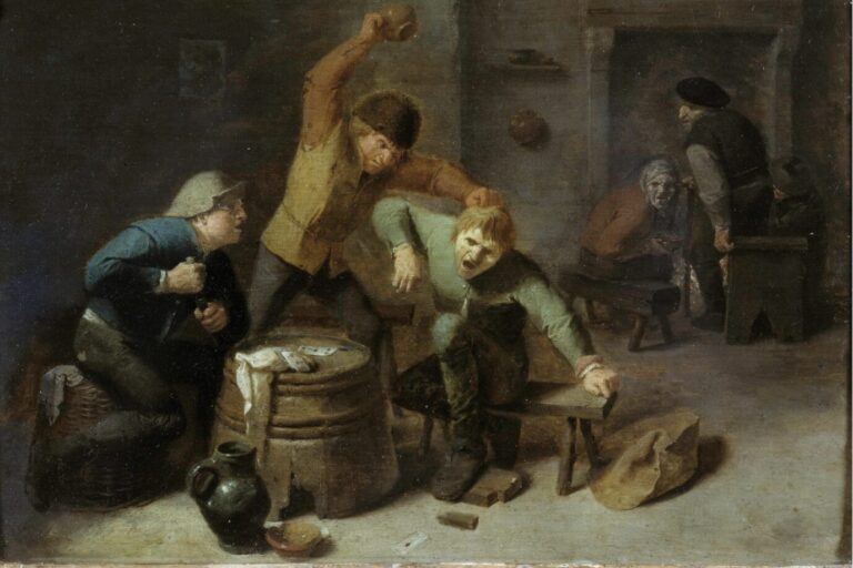 Auf dem Gemälde „Bauernrauferei beim Kartenspiel“ des niederländischen Malers Adriaen Brouwer (1605-1638) sind drei Männer in braunen Leinen zu sehen, die sich vor einem als Tisch dienenden Faß die Köpfe einschlagen (Symbolbild für Streit)