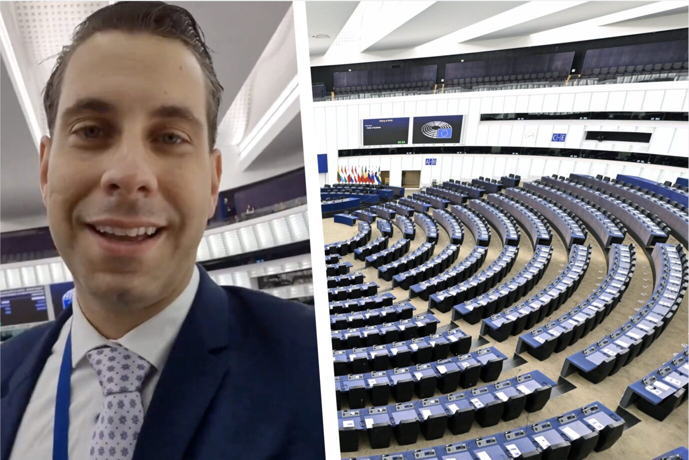 Der AfD-Abgeordnete Alexander Jungbluth lächelt freundlich in die Kamera, daneben ist der leere Sitzungssaal im EU-Parlament zu sehen, in dem gerade der EU-Haushalt gesprengt wurde