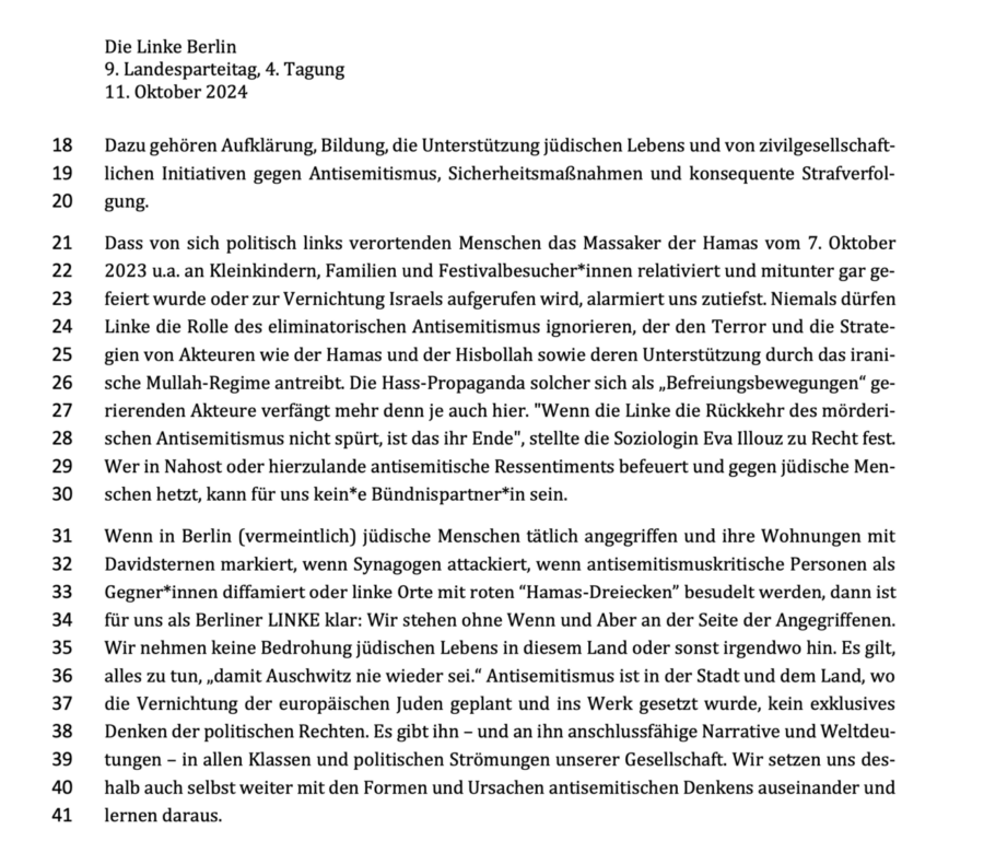 Auszug aus der von Klaus Lederer eingebrachten Resolution für den Berliner Parteitag der Linken Quelle: Linkspartei