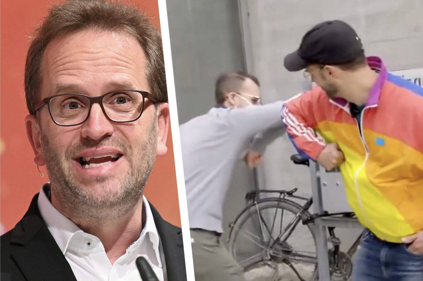 Der Präsident der Bundesnetzagentur, Klaus Müller (Grüne) schaut mit schrillem Gesichtsausdruck in die Kamera, daneben sieht man wie das „REspect“-Mitglied und "Trusted Flagger" Ahmed Gafaar den Corona-Ellbogen-Gruß mit einem Journalisten der ARD macht