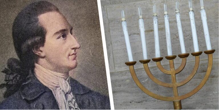 Links ist der junge Johann Wolfgang von Goethe (1749 bis 1832) zu sehen, trägt zeittypische Tracht und einen Zopf, daneben ist die Menora in der Großen Synagoge von Budapest zu sehen