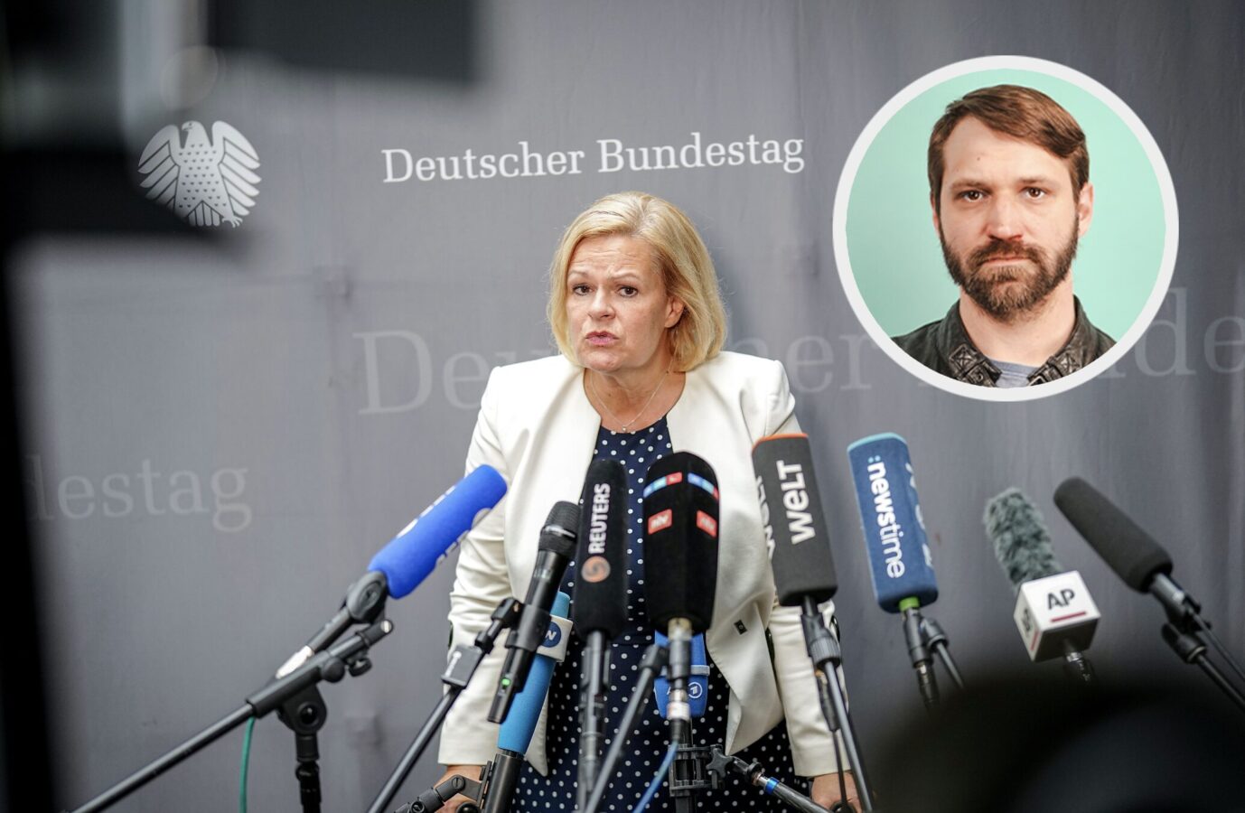 Nancy Faeser (SPD), Bundesministerin für Inneres und Heimat, gibt nach der Sondersitzung des Innenausschusses des Bundestags ein Pressestatement ab. Themen der Sitzung waren die Messerattacke von Solingen und die Abschiebung von Flüchtlingen nach Afghanistan. Die Würde des Menschen.