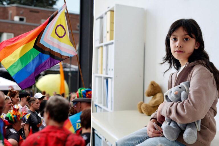 Das Bild zeigt eine Trans-Fahne bei einer Demo und ein Mädchen beim Kinderarzt.