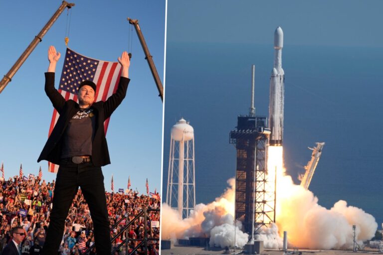 Das Bild zeigt Elon Musk und eine SpaceX-Rakete.