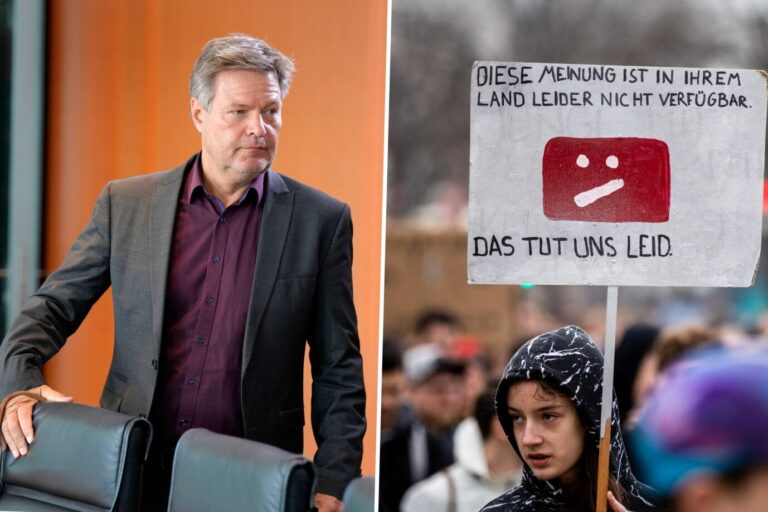 Das Bild zeigt Robert Habeck und einen Demonstranten gegen Internetzensur. Sogenannte „Trusted Flagger“ stehen aktuell in der Kritik.