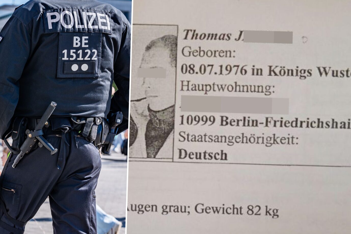 Das Bild zeigt einen Berliner Polizei und eine Fahndungsbeschreibung des mutmaßlichen Linksterroristen Thomas J.