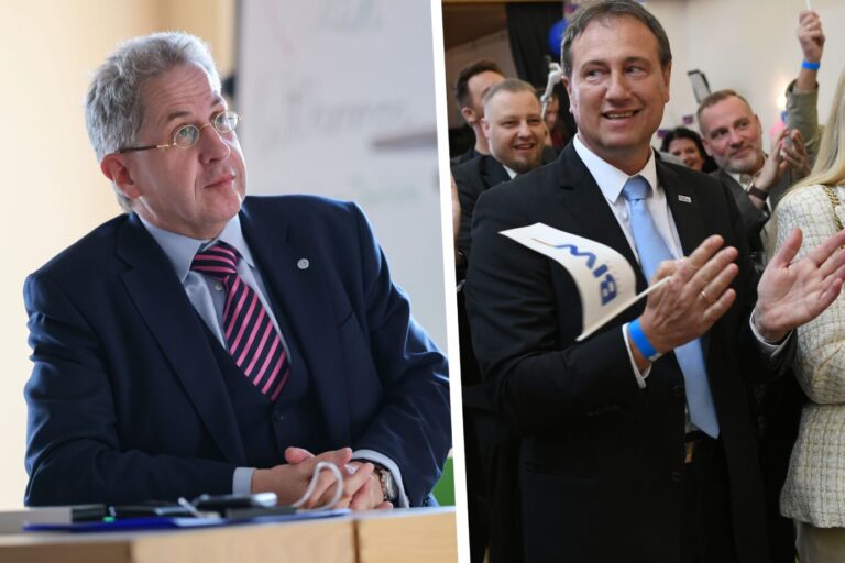 Der Chef der Werteunion, Hans-Georg Maaßen (links) und der Vorsitzende von Bündnis Deutschland, Steffen Große, wollen ihre Parteien zusammenführen. Foto: picture alliance/dpa | Daniel Löb/ picture alliance/dpa | Philip Dulian