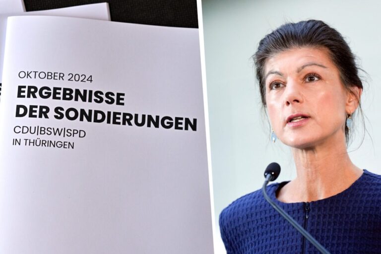 Unter den Argusaugen ihrer Chefin Sahra Wagenknecht verhandelt die BSWler mit CDU und SPD über die Bildung einer Koalition. Foto: picture alliance/dpa | Martin Schutt/ picture alliance / Geisler-Fotopress | Bernd Elmenthaler/Geisler-Fotopr