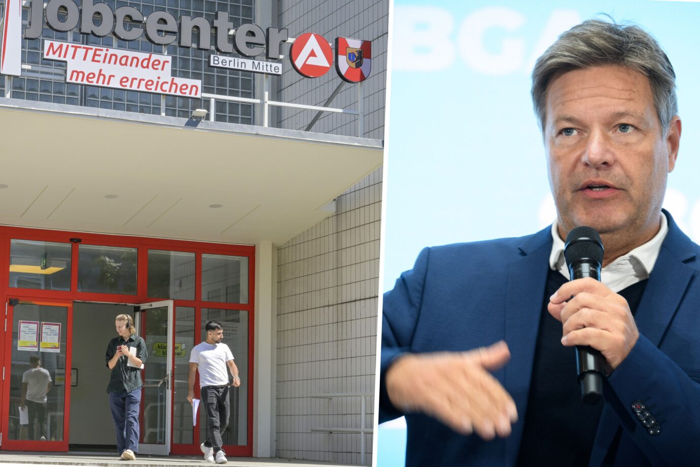 Das Bild zeigt ein Jobcenter und den Ampel-Politiker Robert Habeck von den Grünen.